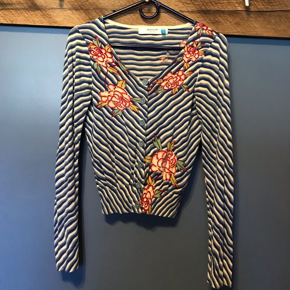 Anthropologie Sparrow blue striped floral cardigan